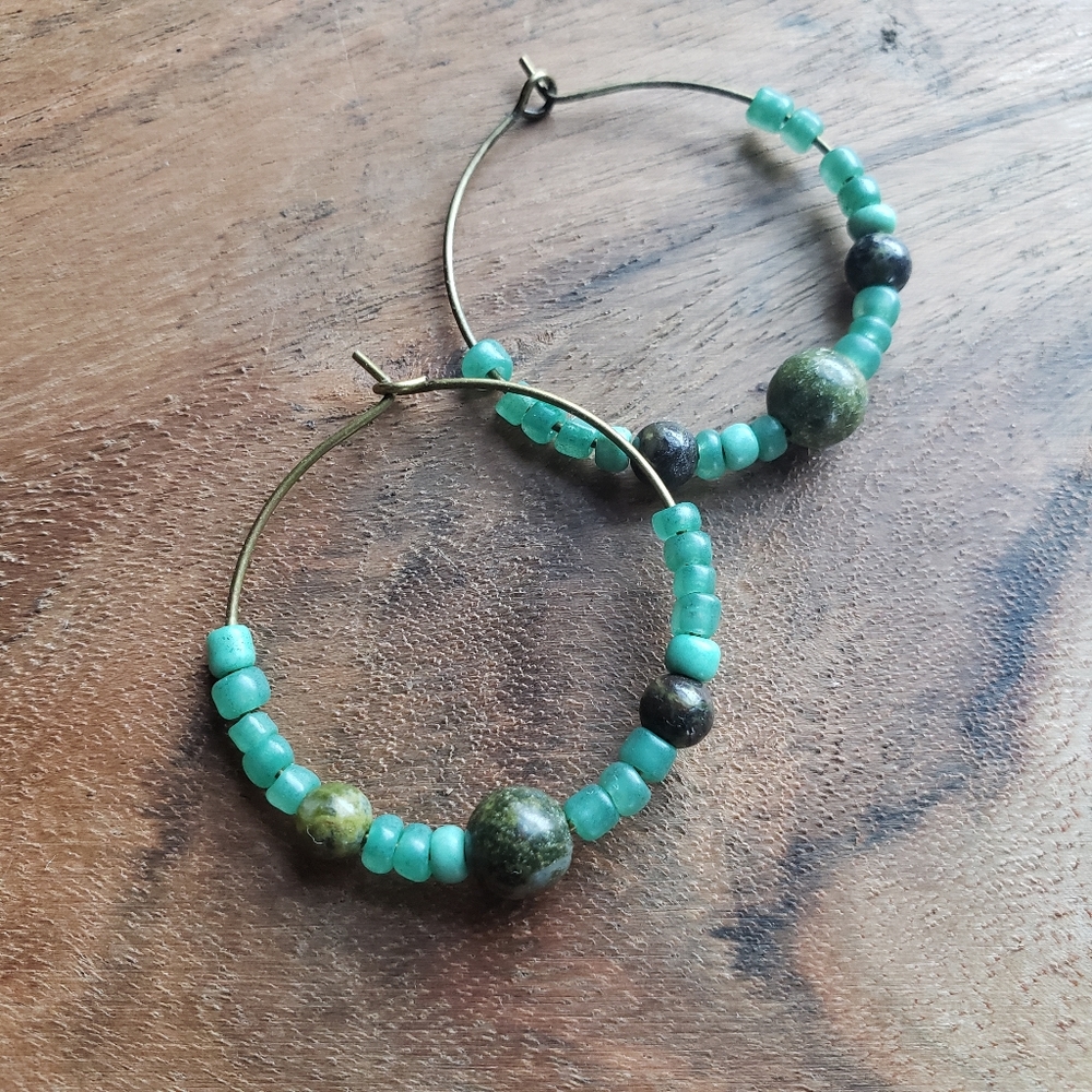 Turquoise Czech Beads + Dragon Blood Stone Hoops Earrings